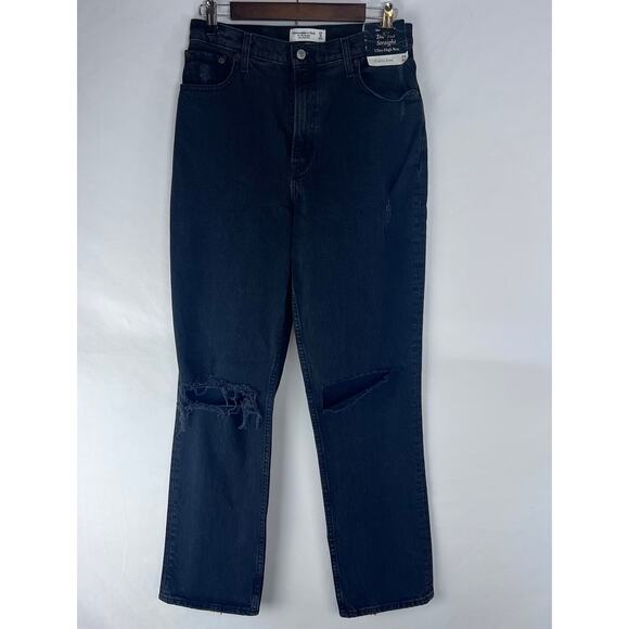 Abercrombie Fitch 90s Straight Ultra High Rise Jeans 29 8 R Black Denim Distress - Picture 1 of 9